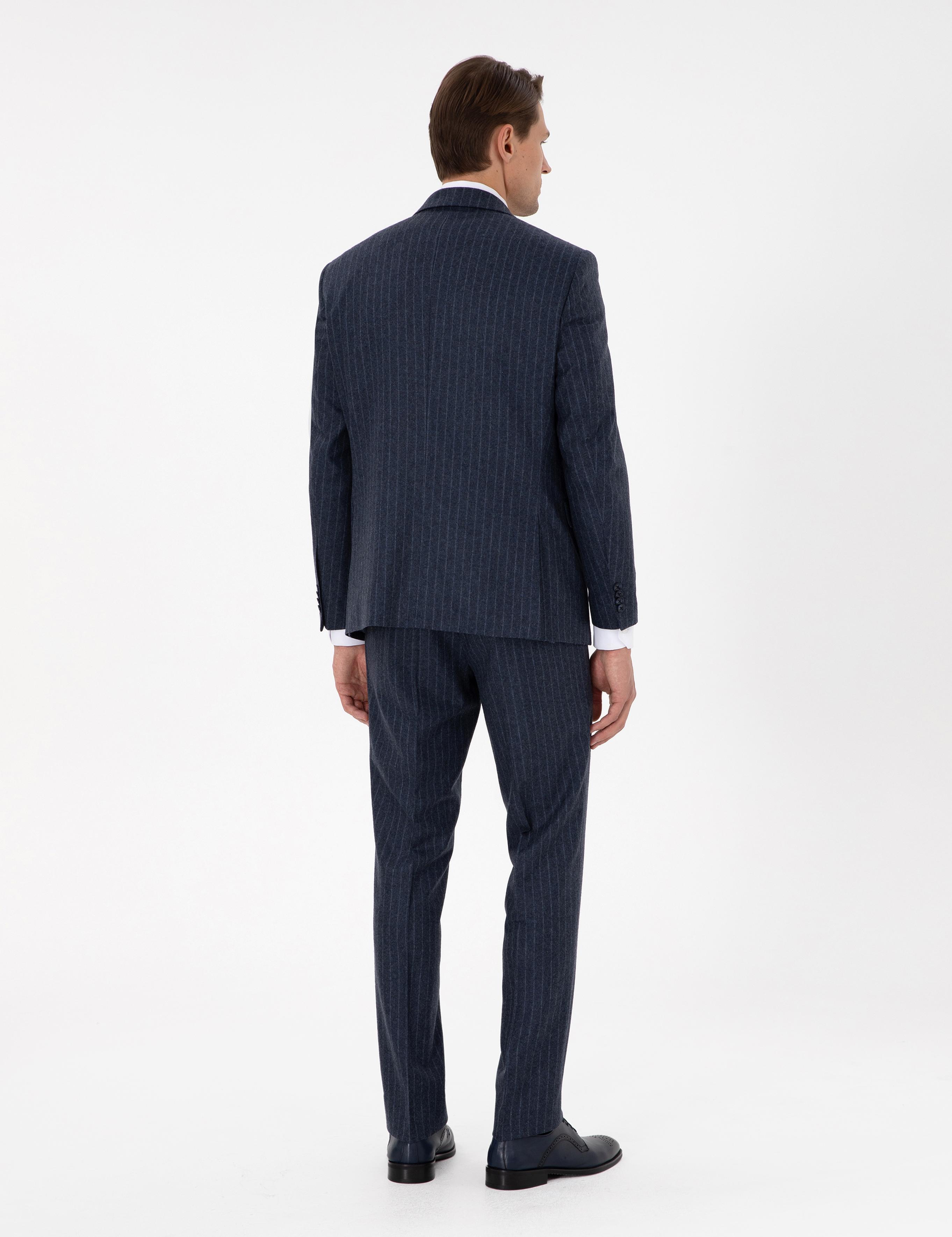 İndigo Slim Fit Çizgili Yün Karışımlı Takım Elbise