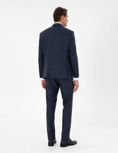 İndigo Slim Fit Çizgili Yün Karışımlı Takım Elbise