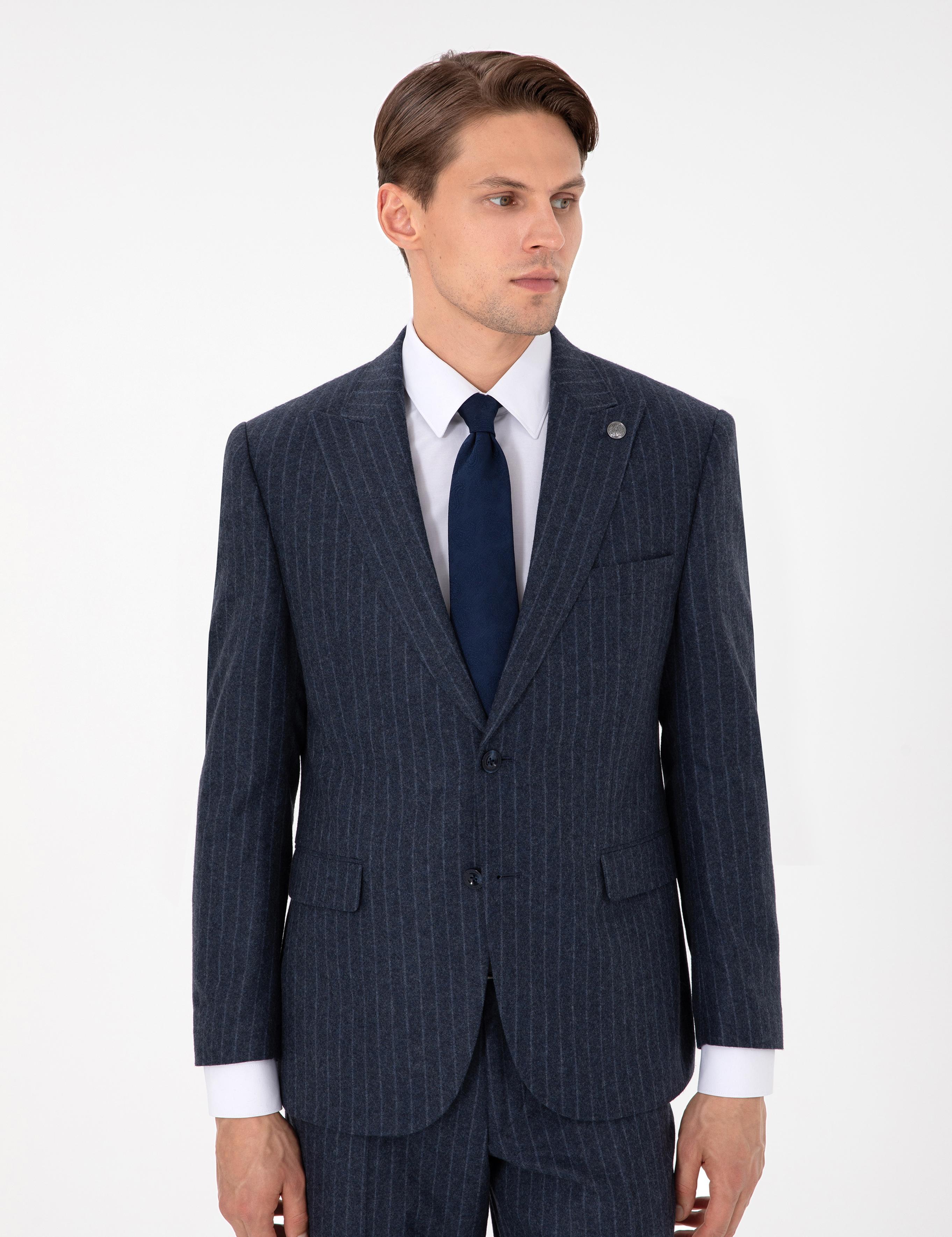 İndigo Slim Fit Çizgili Yün Karışımlı Takım Elbise