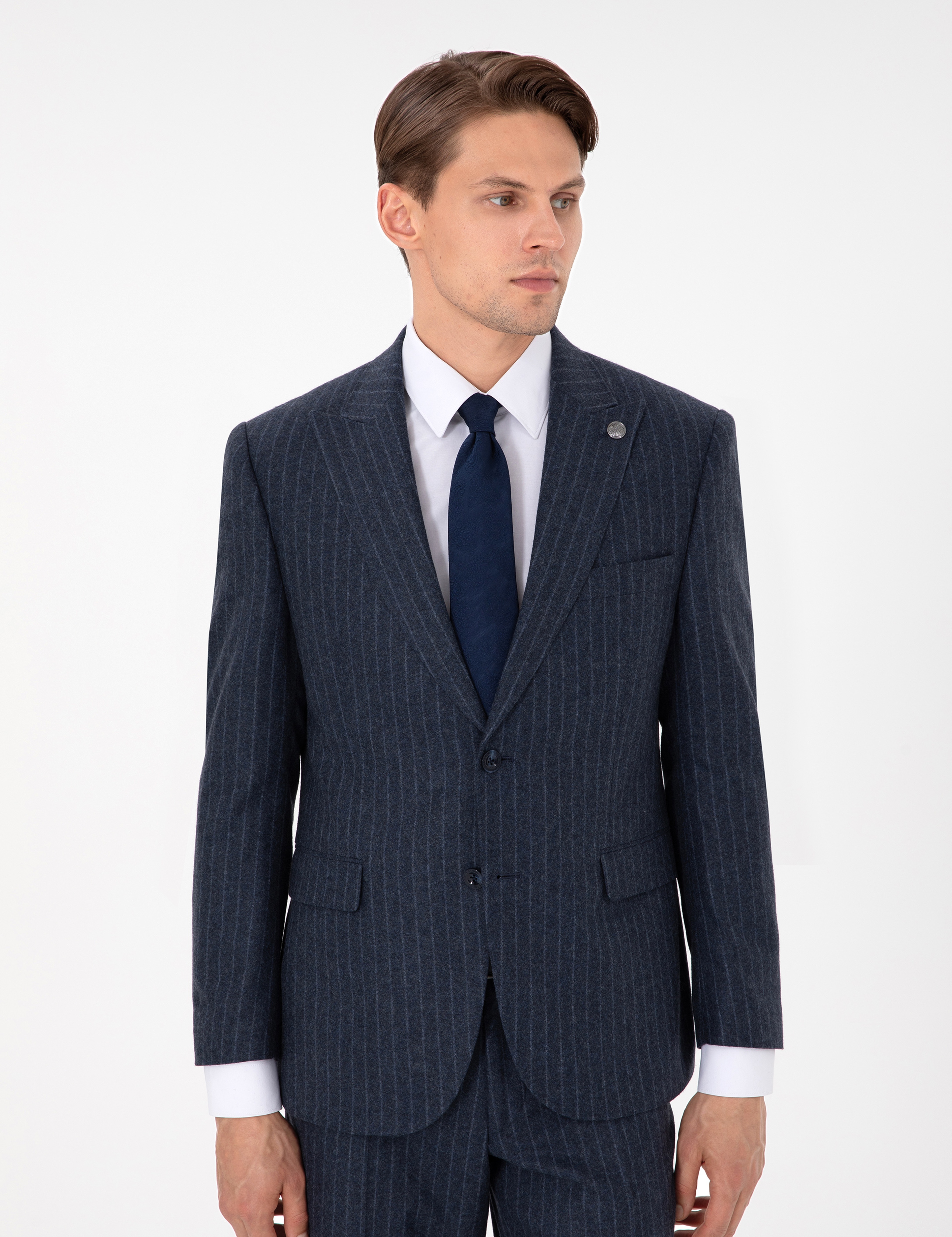 İndigo Slim Fit Çizgili Yün Karışımlı Takım Elbise - Image 3
