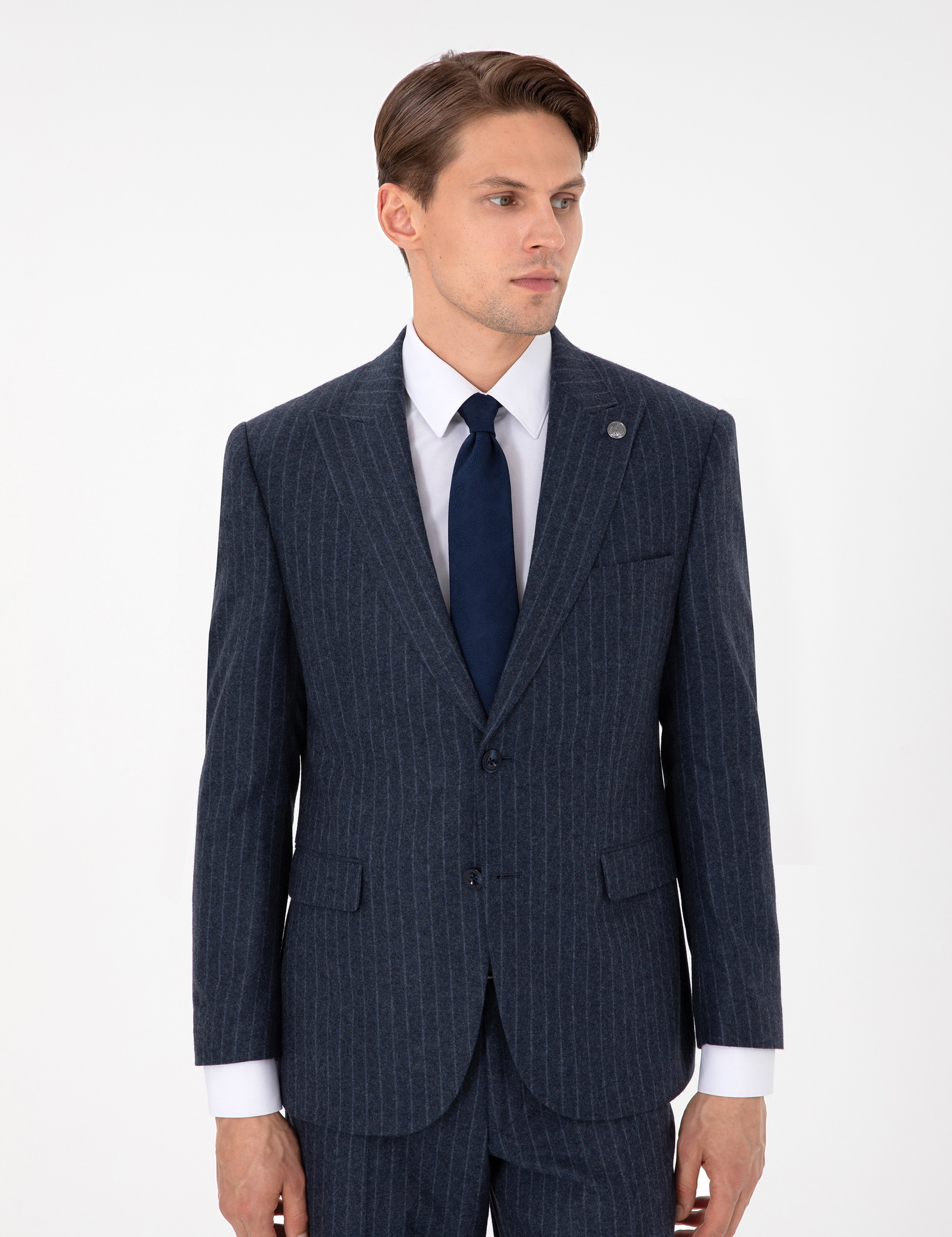 İndigo Slim Fit Çizgili Yün Karışımlı Takım Elbise