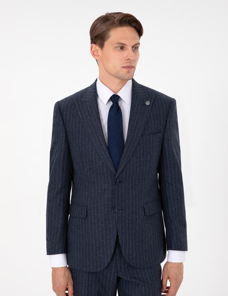 İndigo Slim Fit Çizgili Yün Karışımlı Takım Elbise - 50291962008