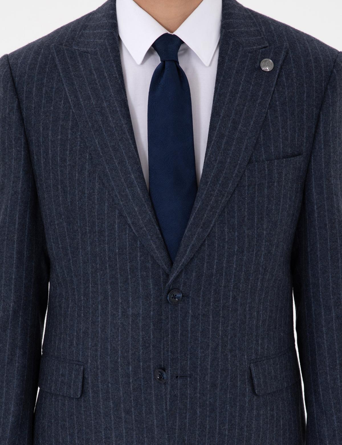 İndigo Slim Fit Çizgili Yün Karışımlı Takım Elbise - 50291962008