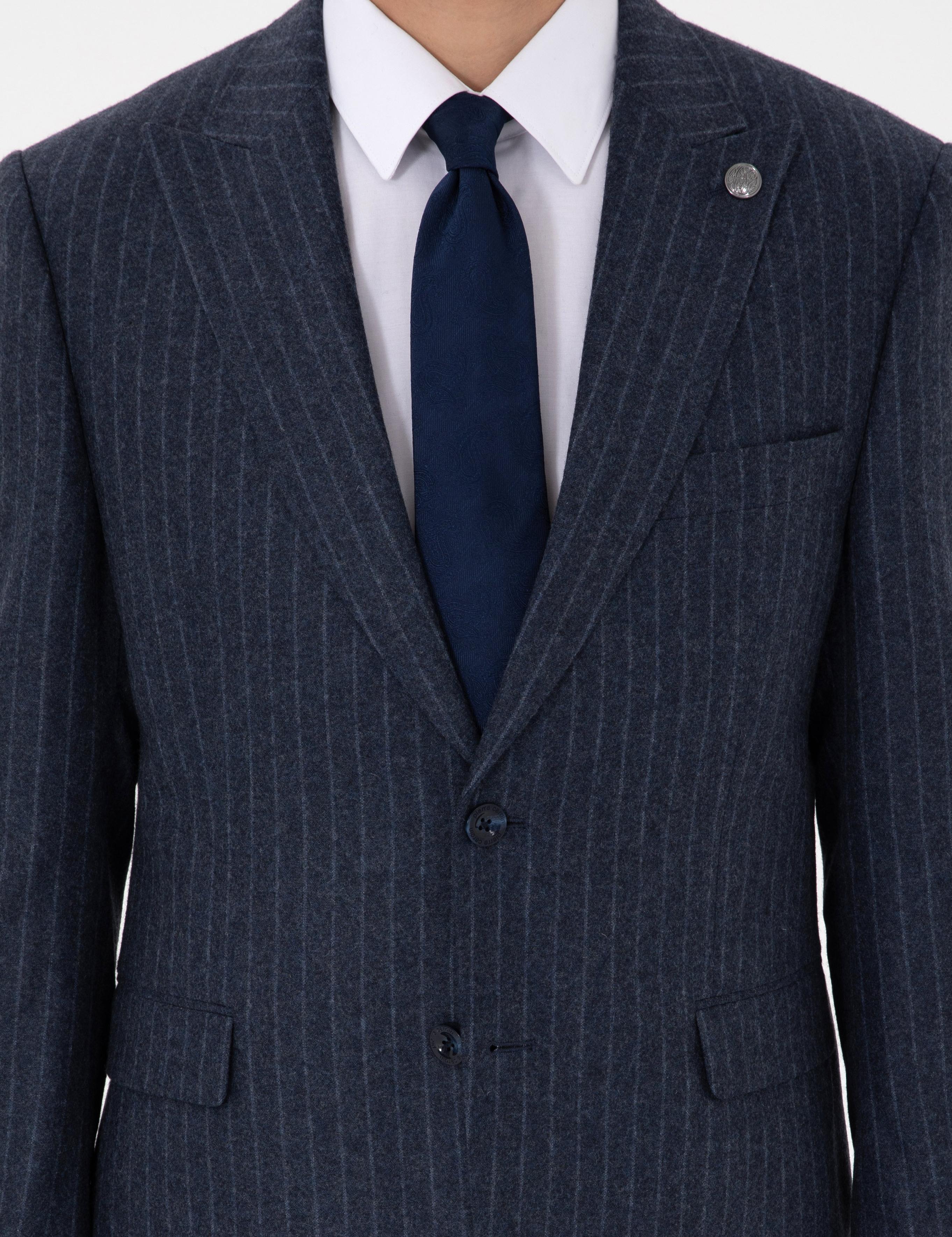 İndigo Slim Fit Çizgili Yün Karışımlı Takım Elbise