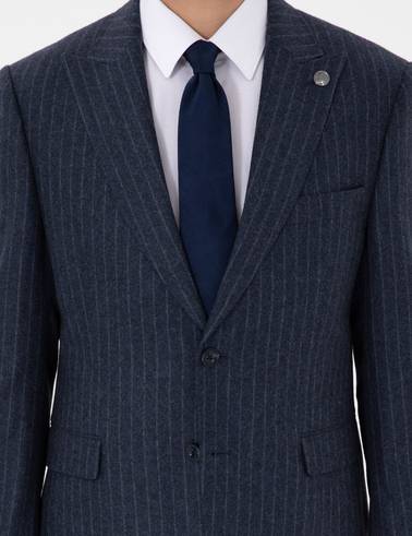 İndigo Slim Fit Çizgili Yün Karışımlı Takım Elbise