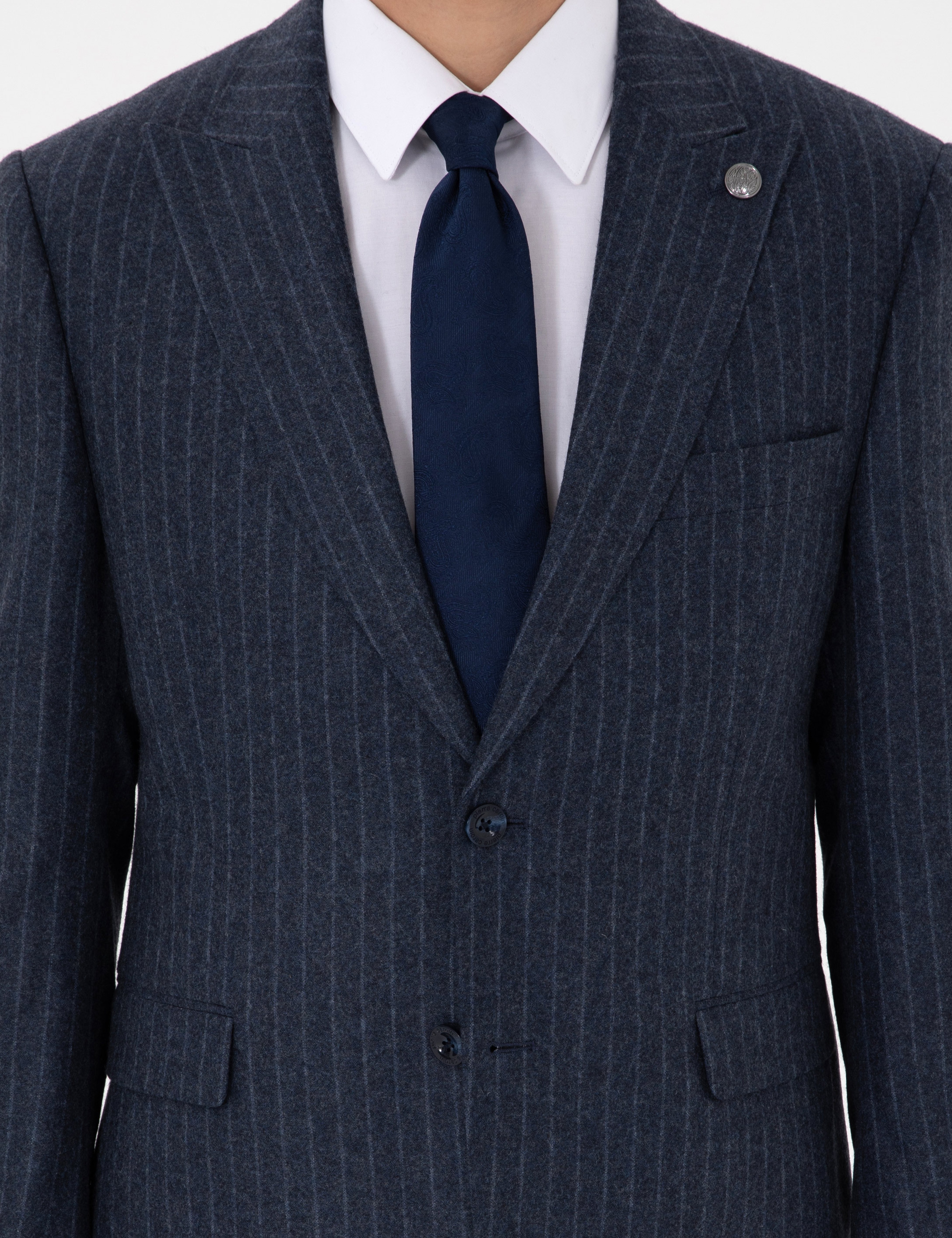 İndigo Slim Fit Çizgili Yün Karışımlı Takım Elbise - Image 7