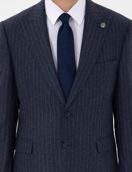 İndigo Slim Fit Çizgili Yün Karışımlı Takım Elbise - 50291962008