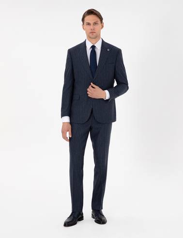 İndigo Slim Fit Çizgili Yün Karışımlı Takım Elbise