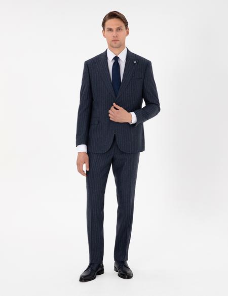 İndigo Slim Fit Çizgili Yün Karışımlı Takım Elbise - 50291962008