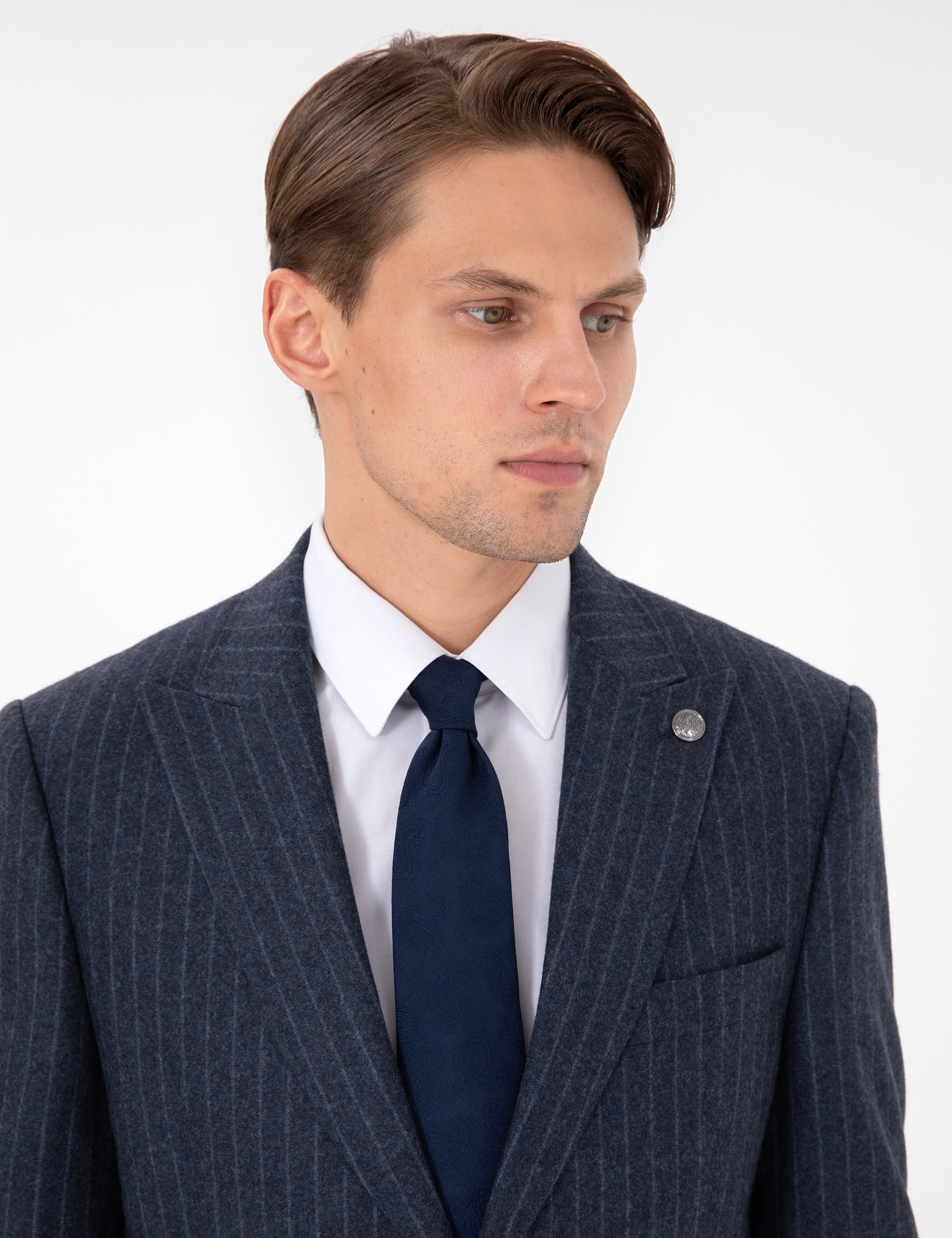 İndigo Slim Fit Çizgili Yün Karışımlı Takım Elbise - Image 2