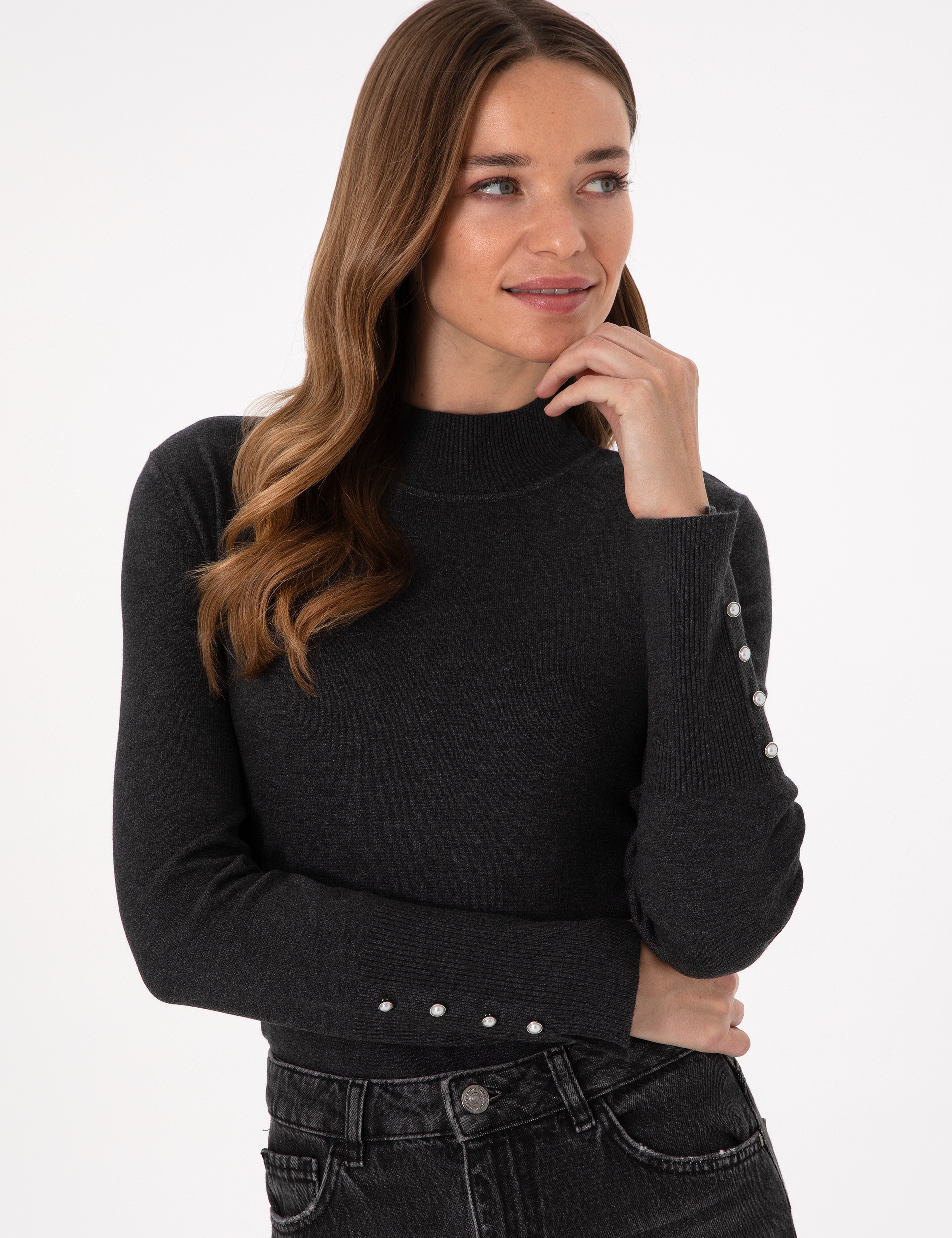 Antrasit Slim Fit Yarım Balıkçı Basic Kazak - Image 3