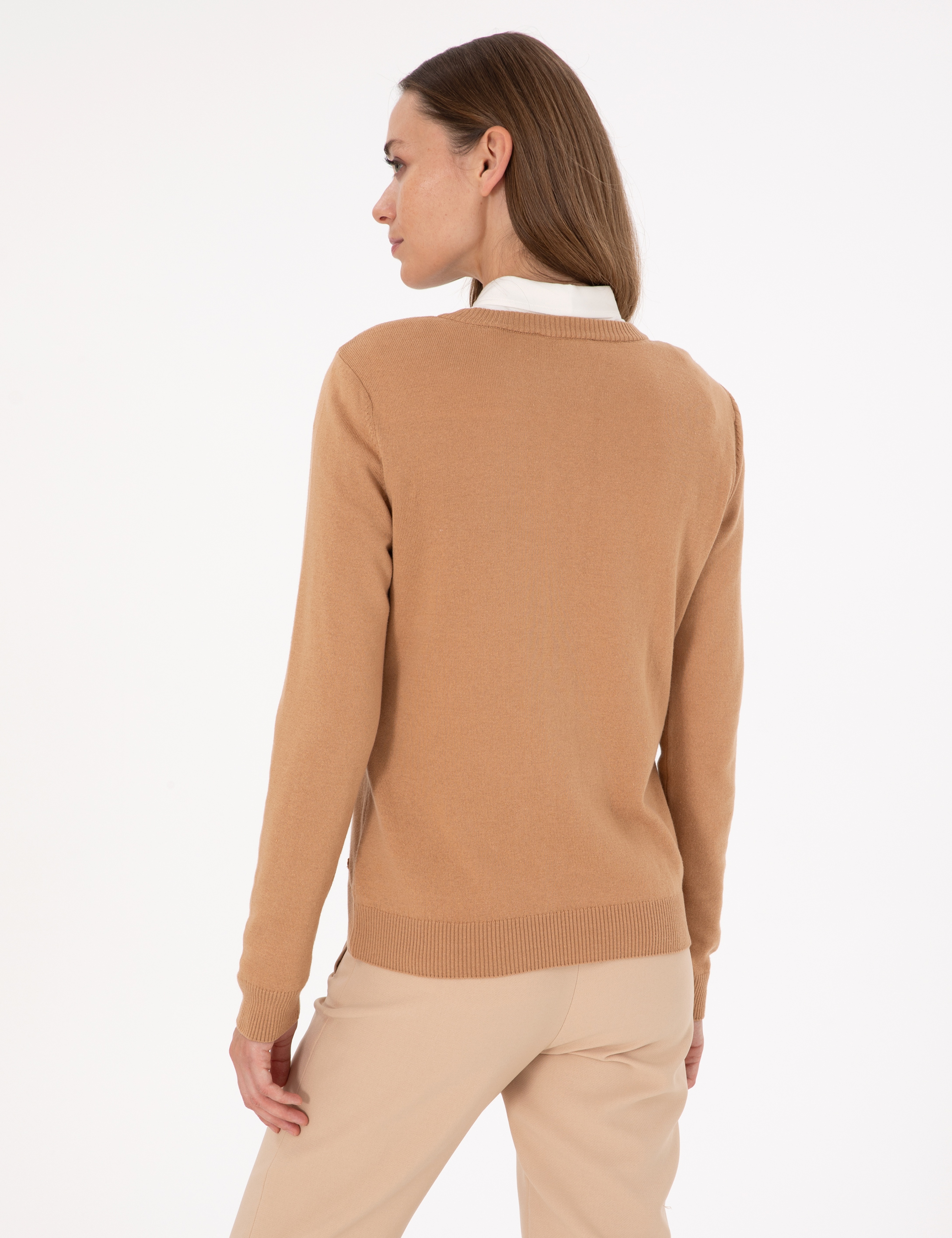 Camel Slim Fit V Yaka Basic Kazak - Image 5