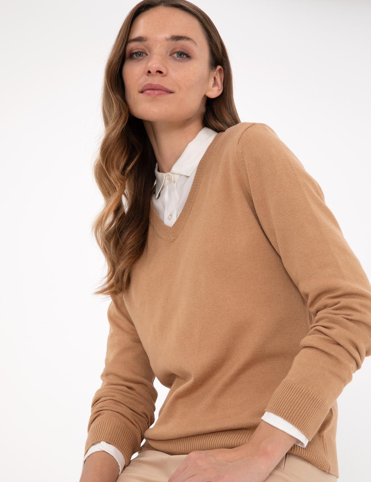 Camel Slim Fit V Yaka Basic Kazak - 50300803006