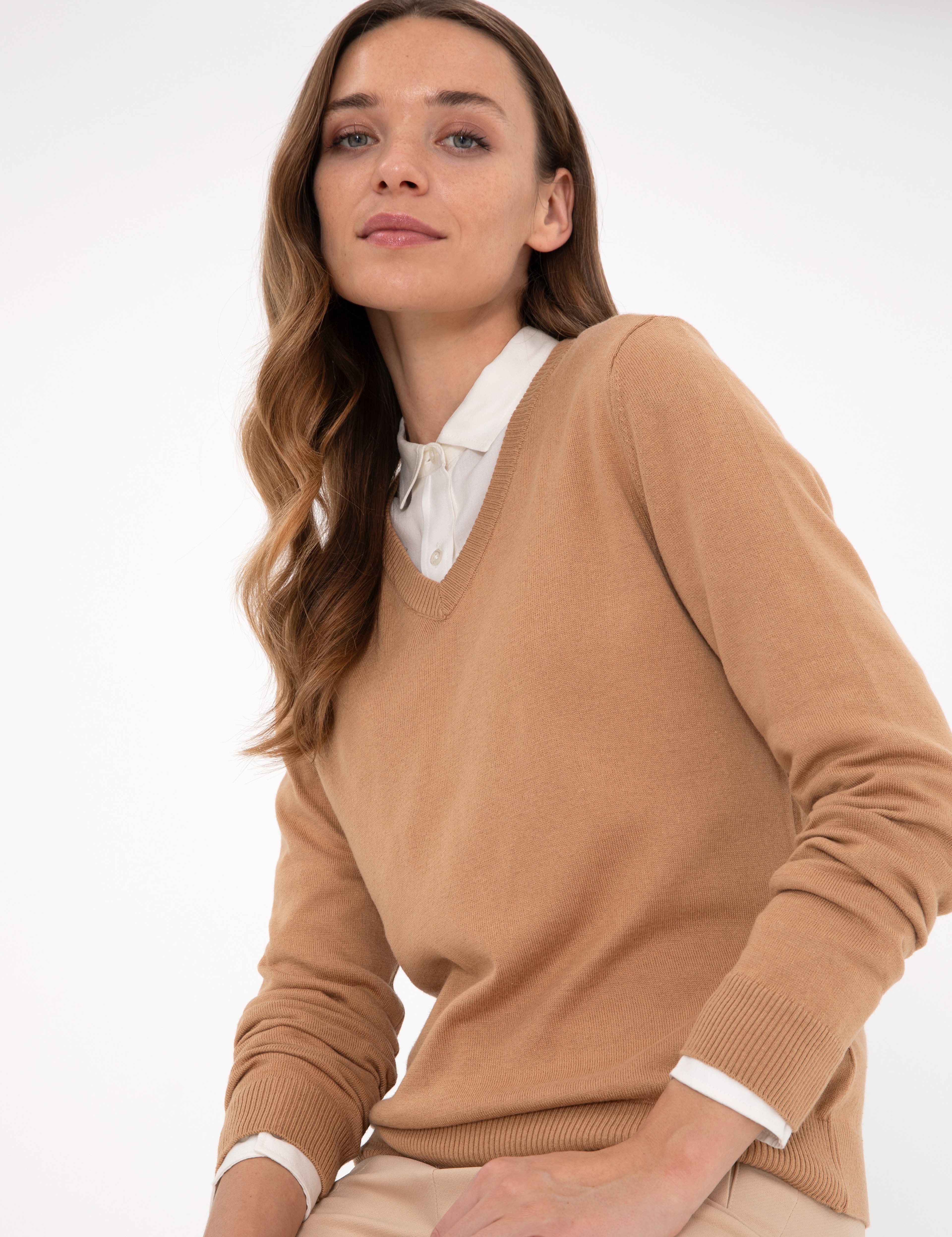 Camel Slim Fit V Yaka Basic Kazak - Image 4