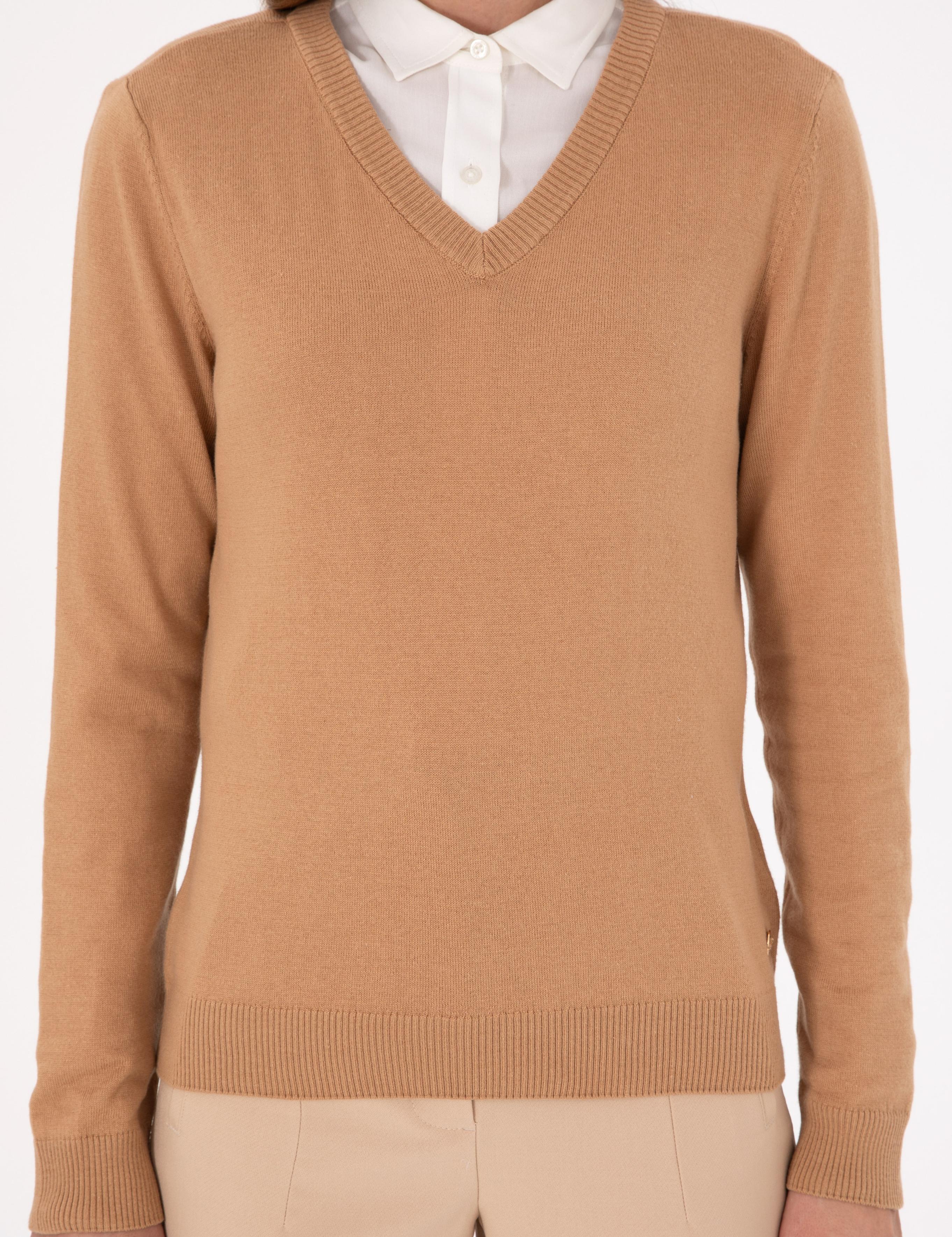 Camel Slim Fit V Yaka Basic Kazak