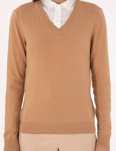 Camel Slim Fit V Yaka Basic Kazak