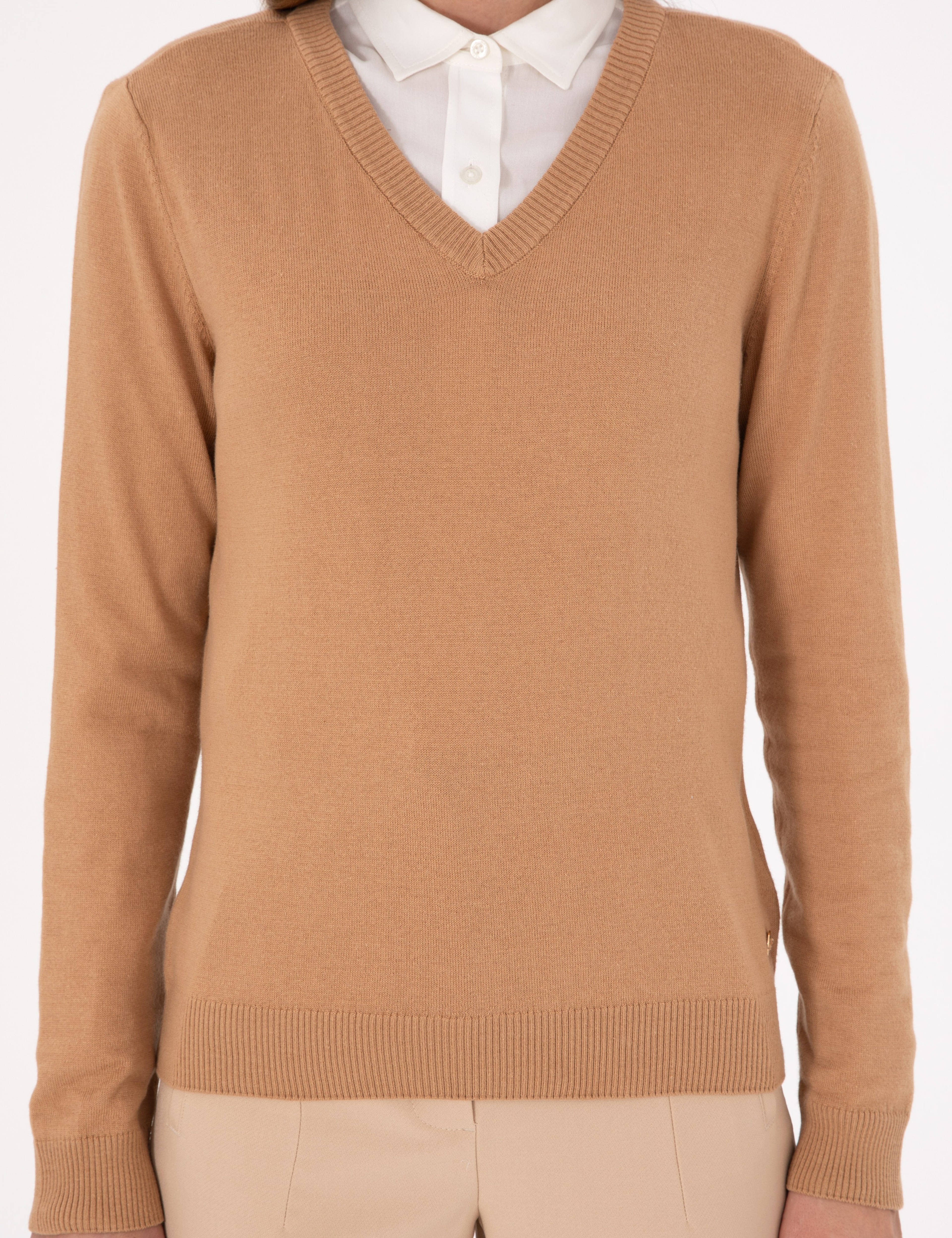 Camel Slim Fit V Yaka Basic Kazak - Image 6