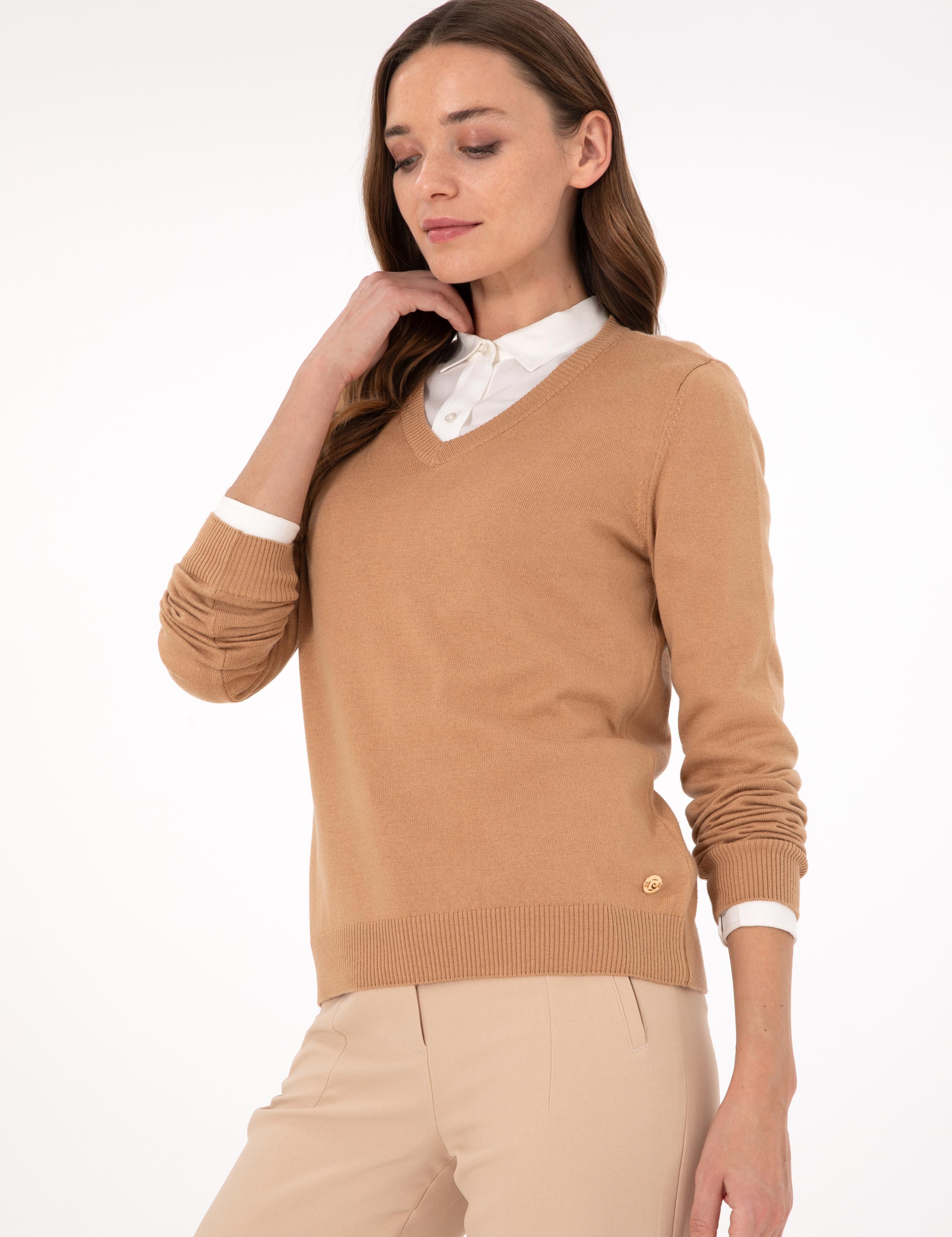 Camel Slim Fit V Yaka Basic Kazak