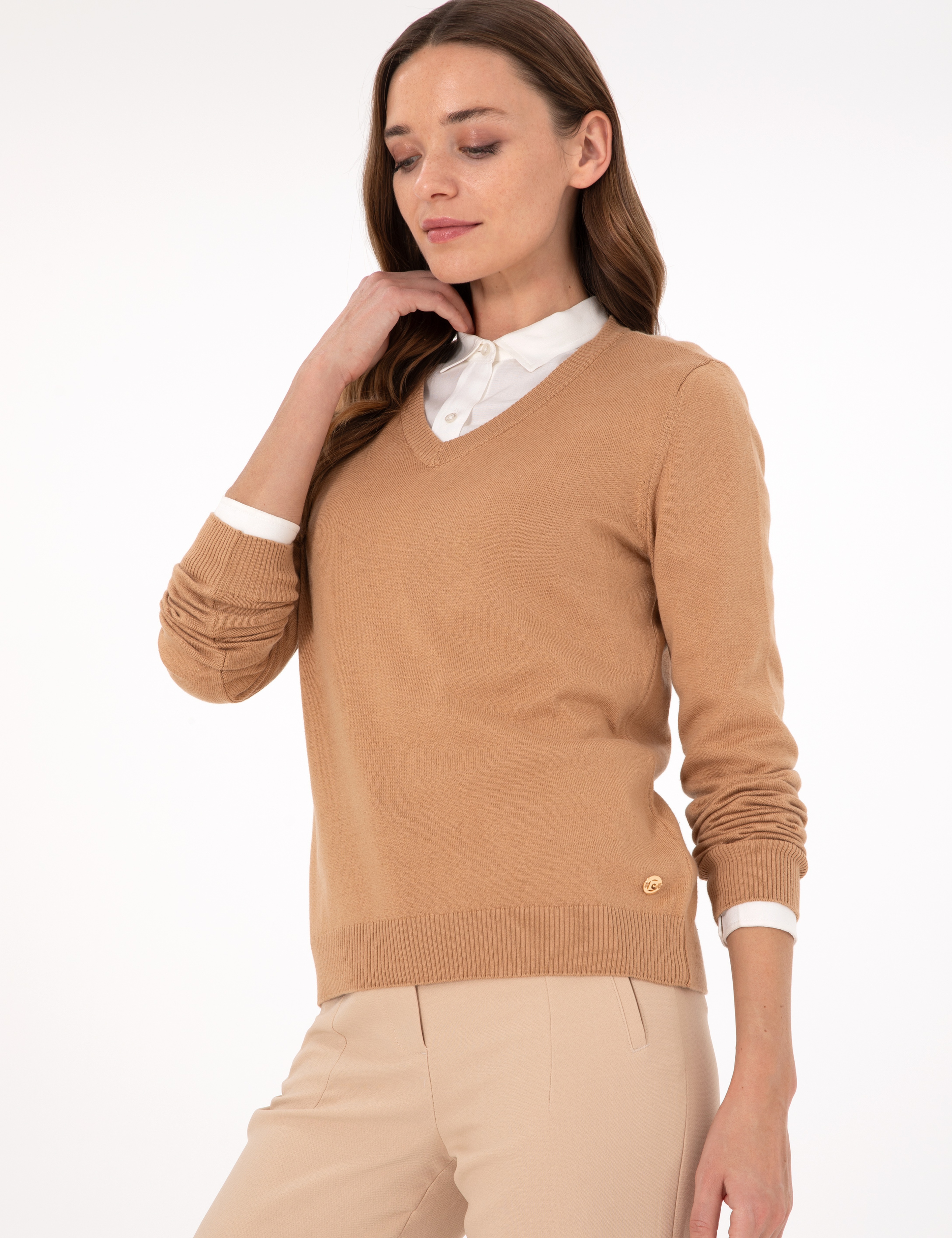 Camel Slim Fit V Yaka Basic Kazak - Image 2