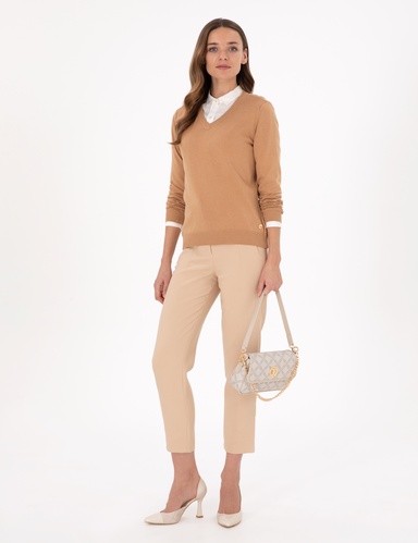 Camel Slim Fit V Yaka Basic Kazak