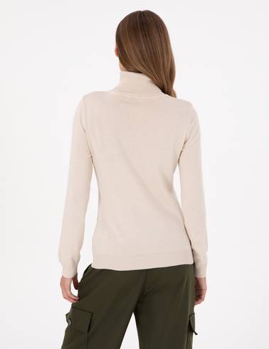 Bej Slim Fit Balıkçı Yaka Basic Kazak
