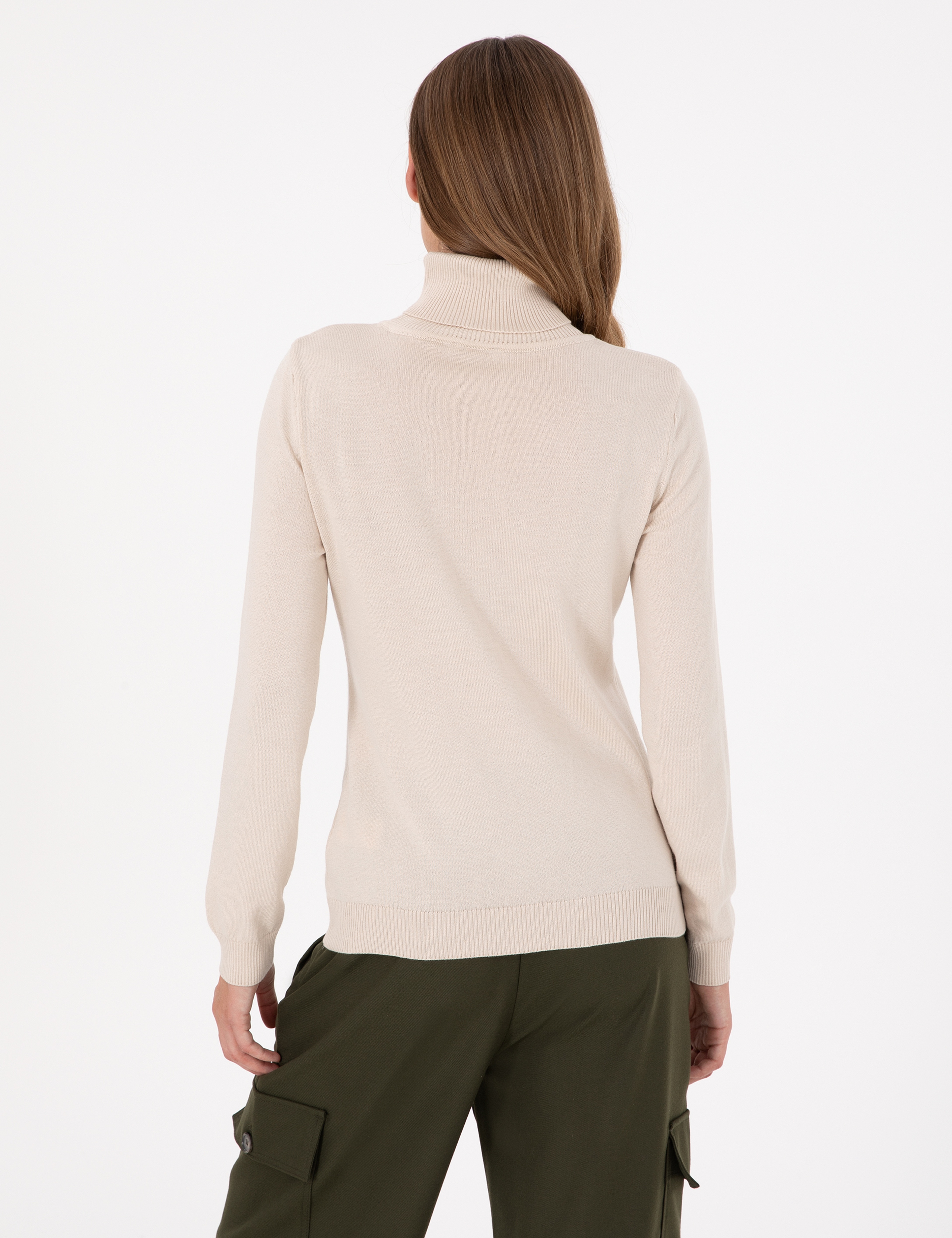 Bej Slim Fit Balıkçı Yaka Basic Kazak - Image 5