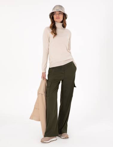 Bej Slim Fit Balıkçı Yaka Basic Kazak
