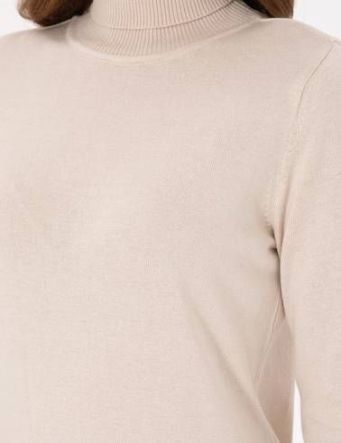 Bej Slim Fit Balıkçı Yaka Basic Kazak