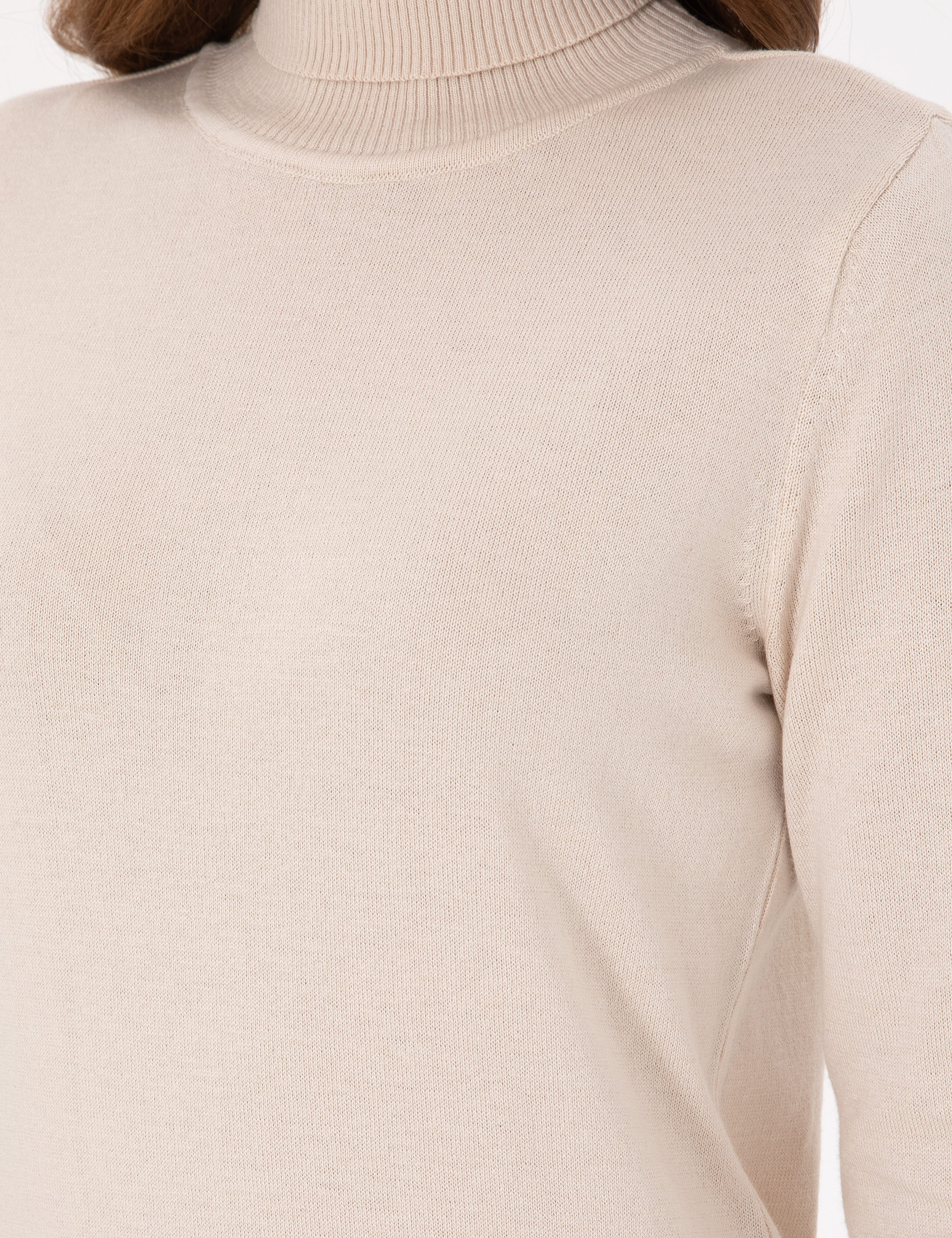 Bej Slim Fit Balıkçı Yaka Basic Kazak - Image 7