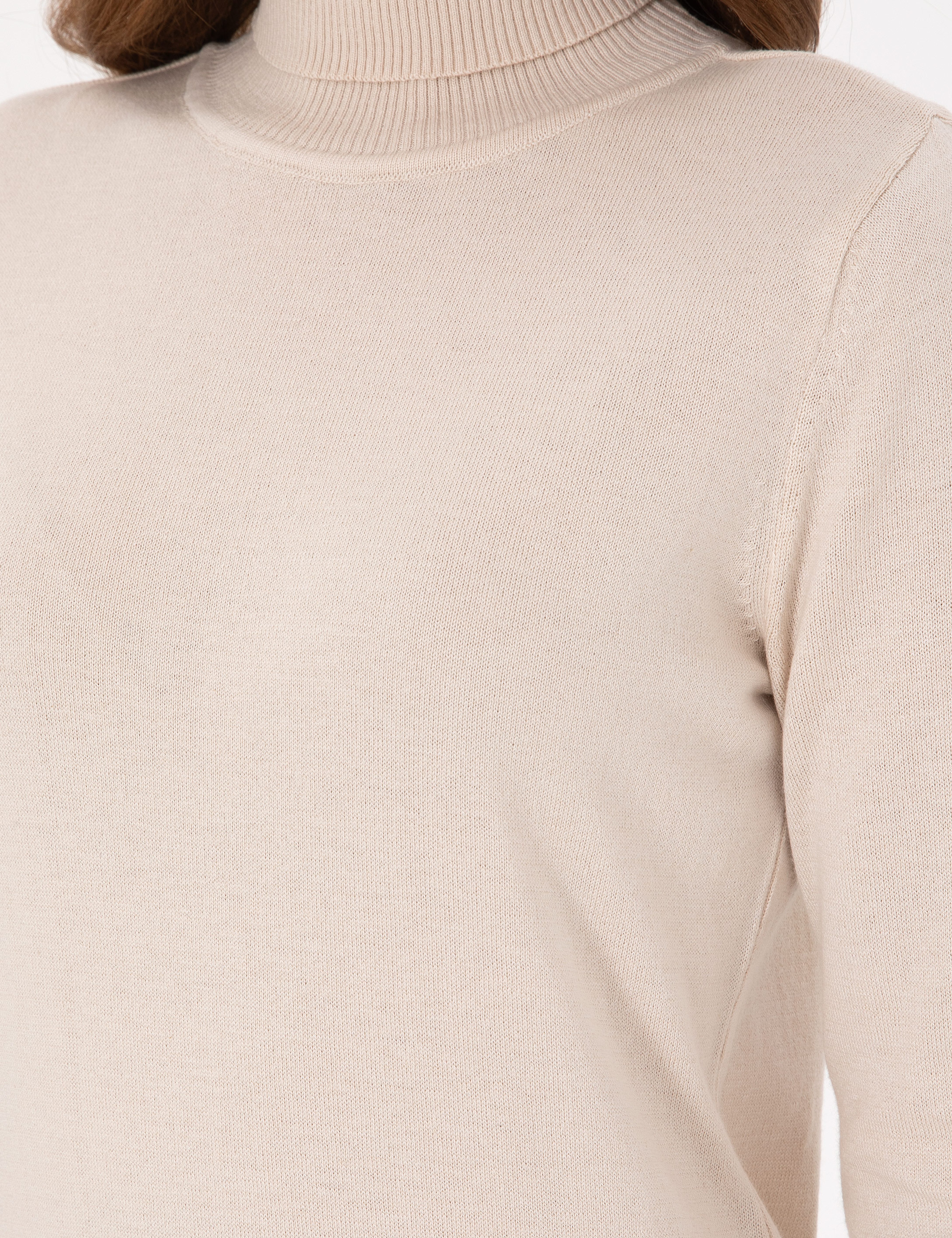 Bej Slim Fit Balıkçı Yaka Basic Kazak
