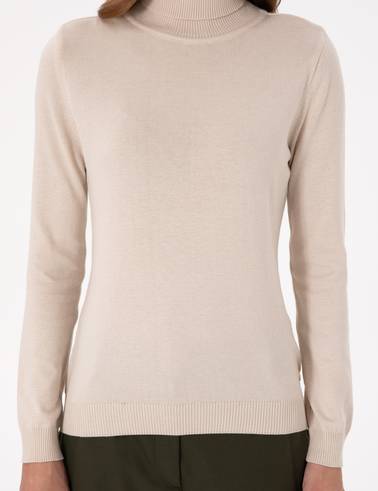 Bej Slim Fit Balıkçı Yaka Basic Kazak