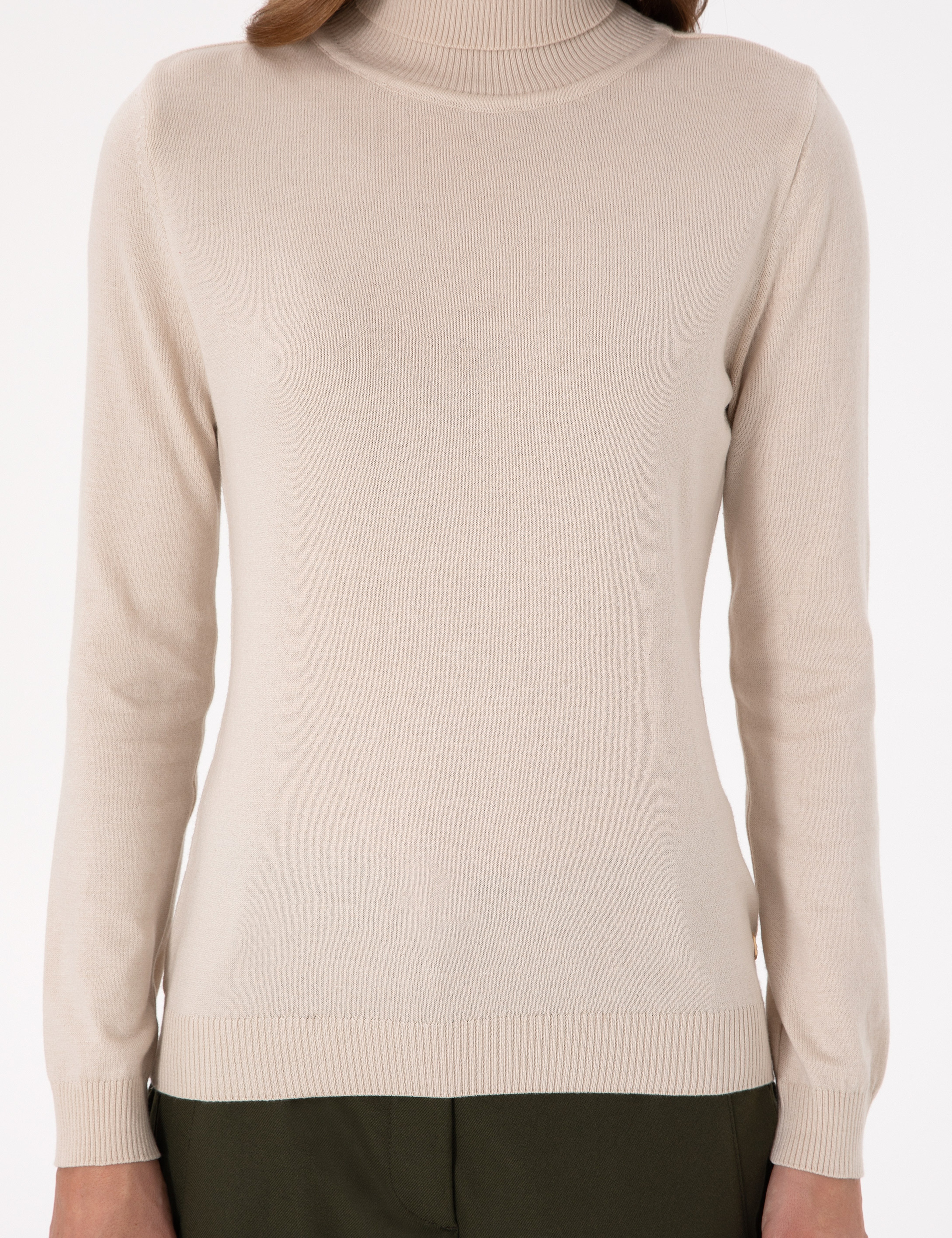 Bej Slim Fit Balıkçı Yaka Basic Kazak - Image 6
