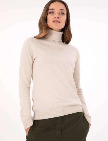 Bej Slim Fit Balıkçı Yaka Basic Kazak