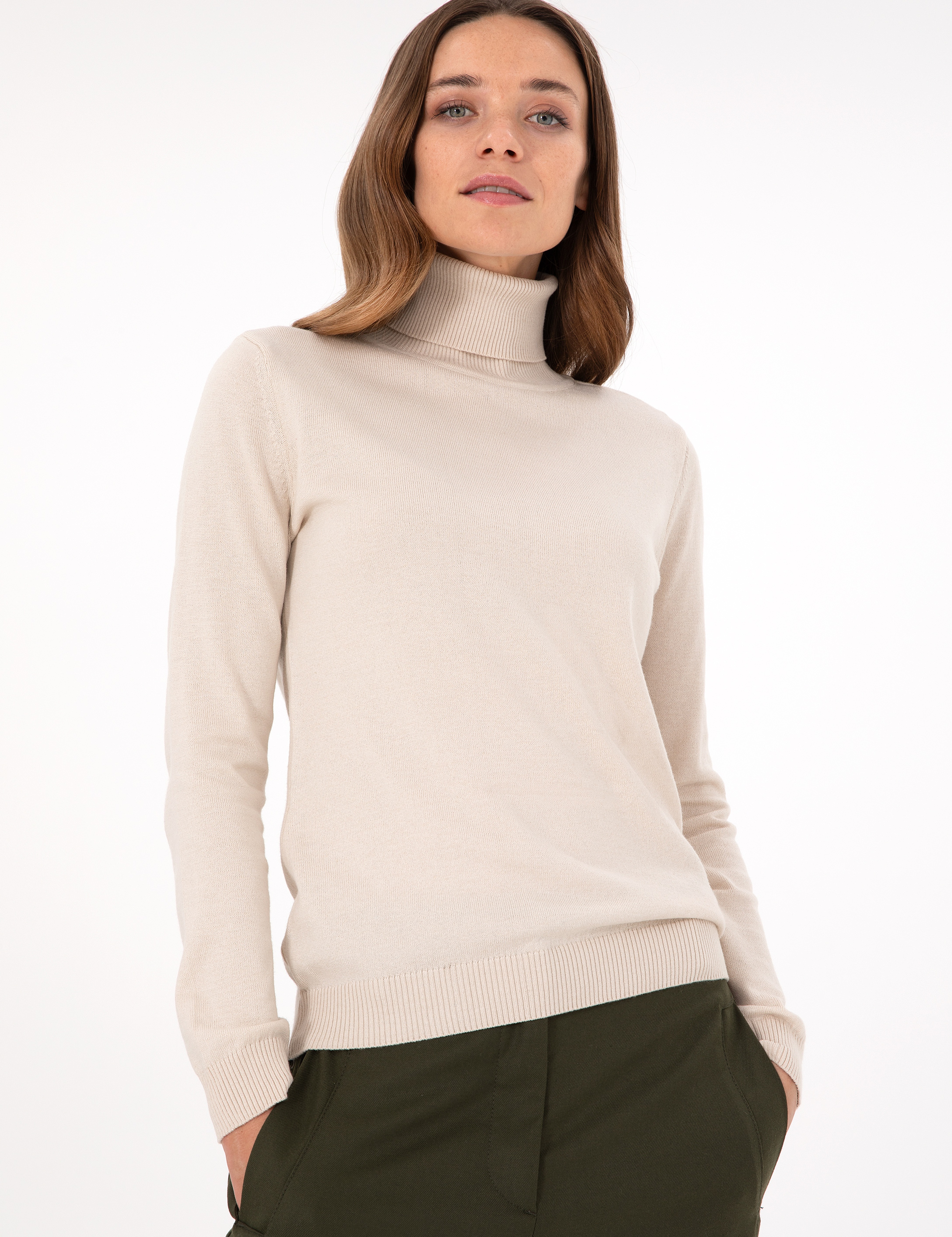 Bej Slim Fit Balıkçı Yaka Basic Kazak - Image 3