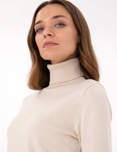 Bej Slim Fit Balıkçı Yaka Basic Kazak