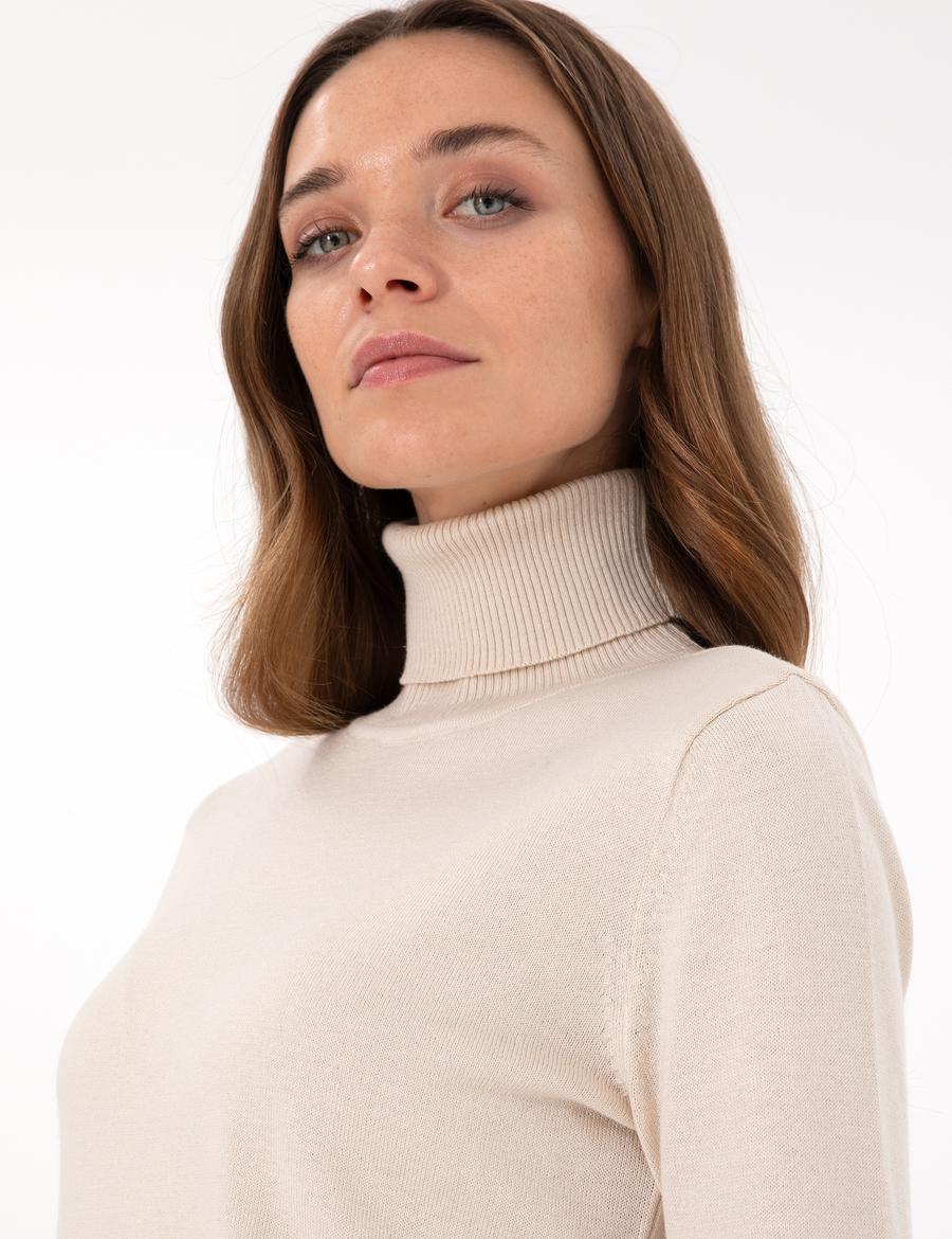 Bej Slim Fit Balıkçı Yaka Basic Kazak