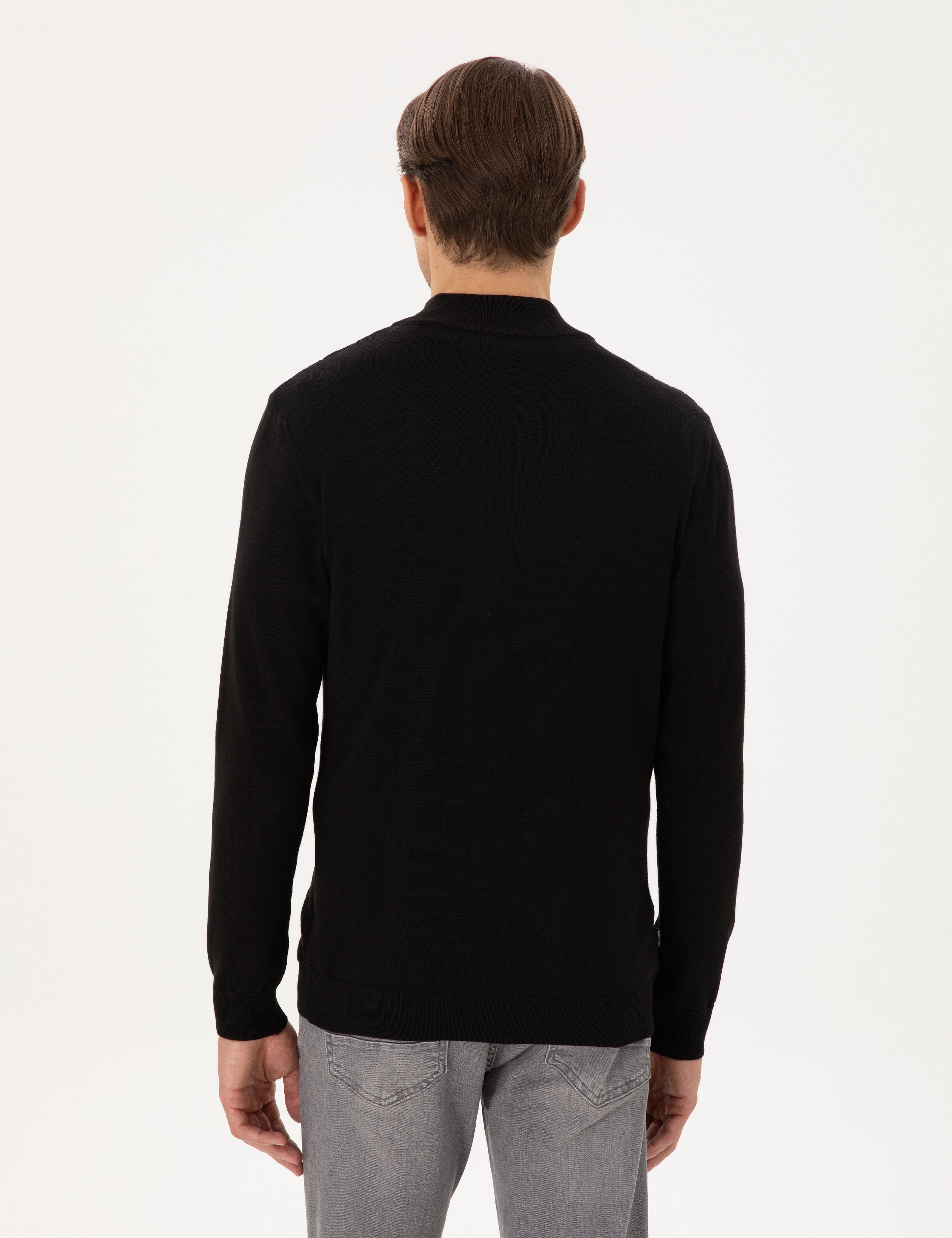 Siyah Slim Fit Fermuarlı Triko Hırka - Image 5