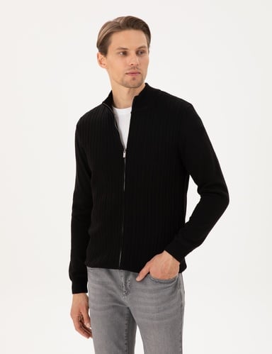 Siyah Slim Fit Fermuarlı Triko Hırka