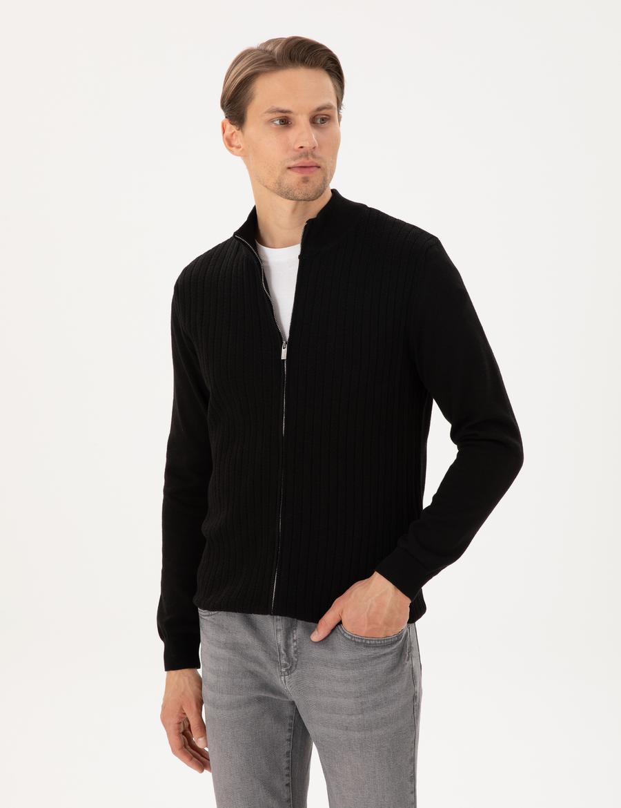 Siyah Slim Fit Fermuarlı Triko Hırka