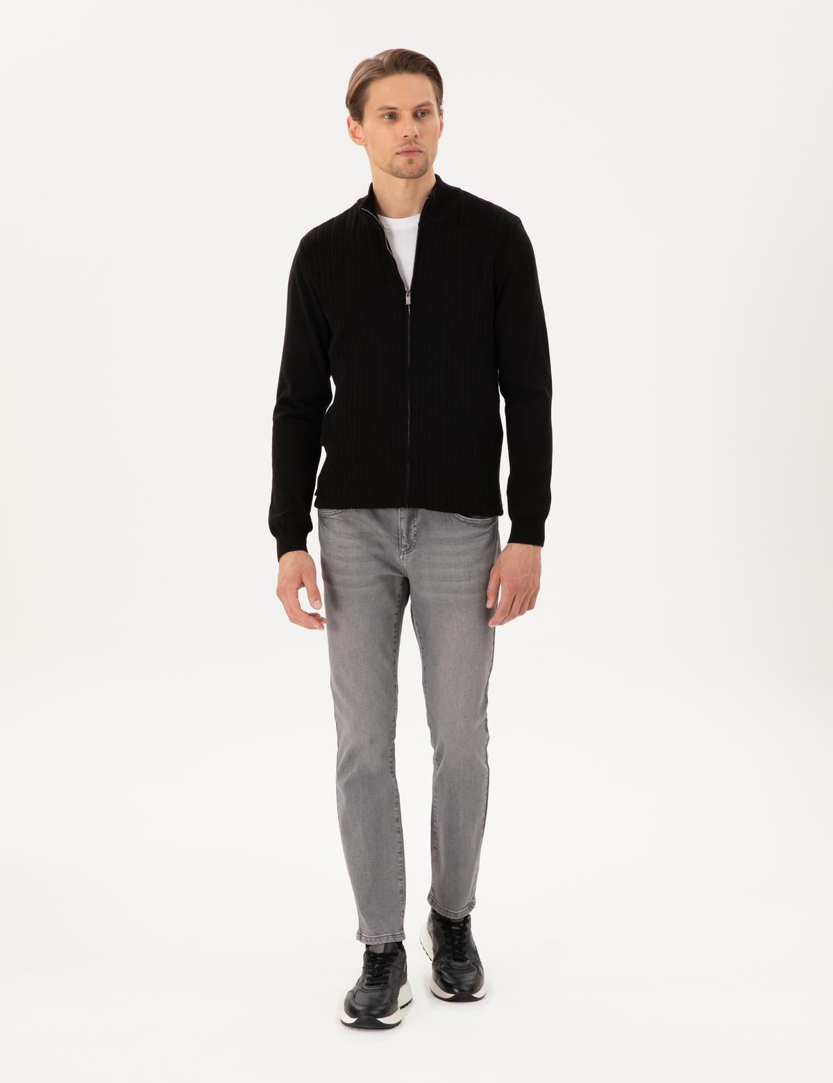 Siyah Slim Fit Fermuarlı Triko Hırka - 50300508009