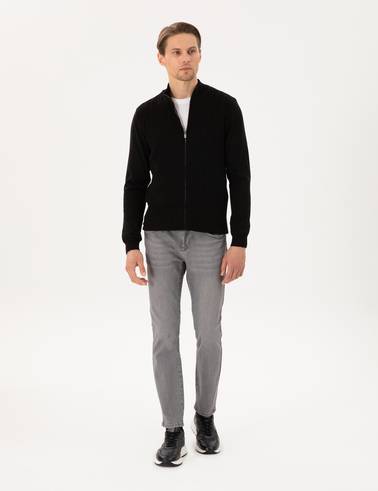 Siyah Slim Fit Fermuarlı Triko Hırka