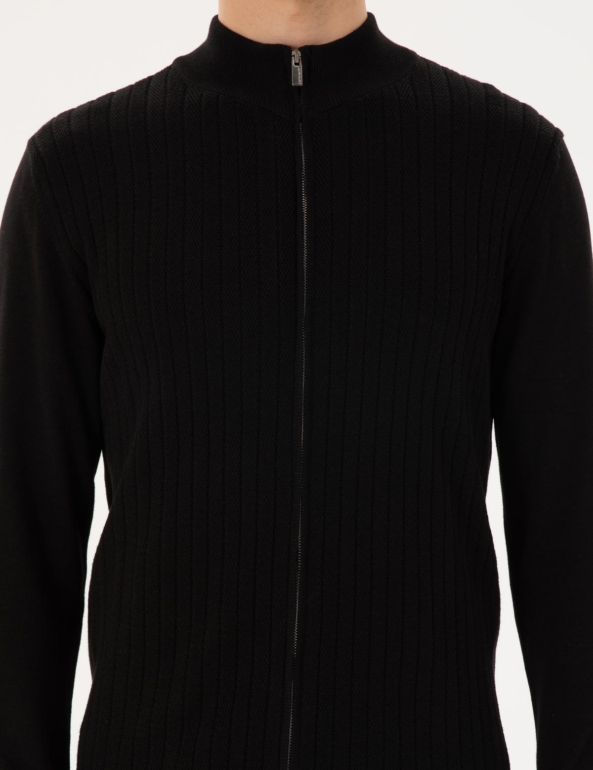 Siyah Slim Fit Fermuarlı Triko Hırka - 50300508009