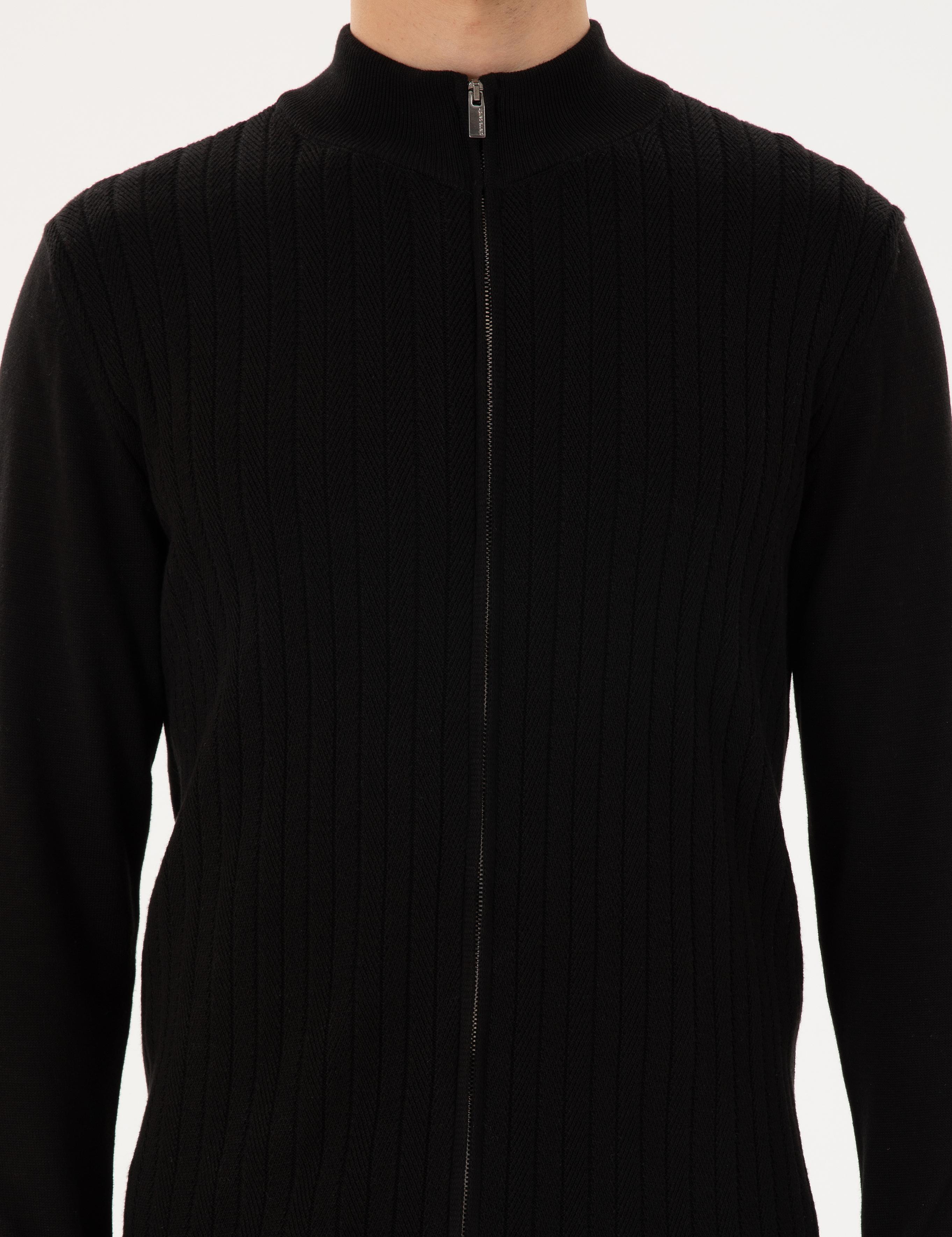 Siyah Slim Fit Fermuarlı Triko Hırka