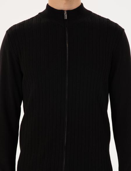 Siyah Slim Fit Fermuarlı Triko Hırka - 50300508009
