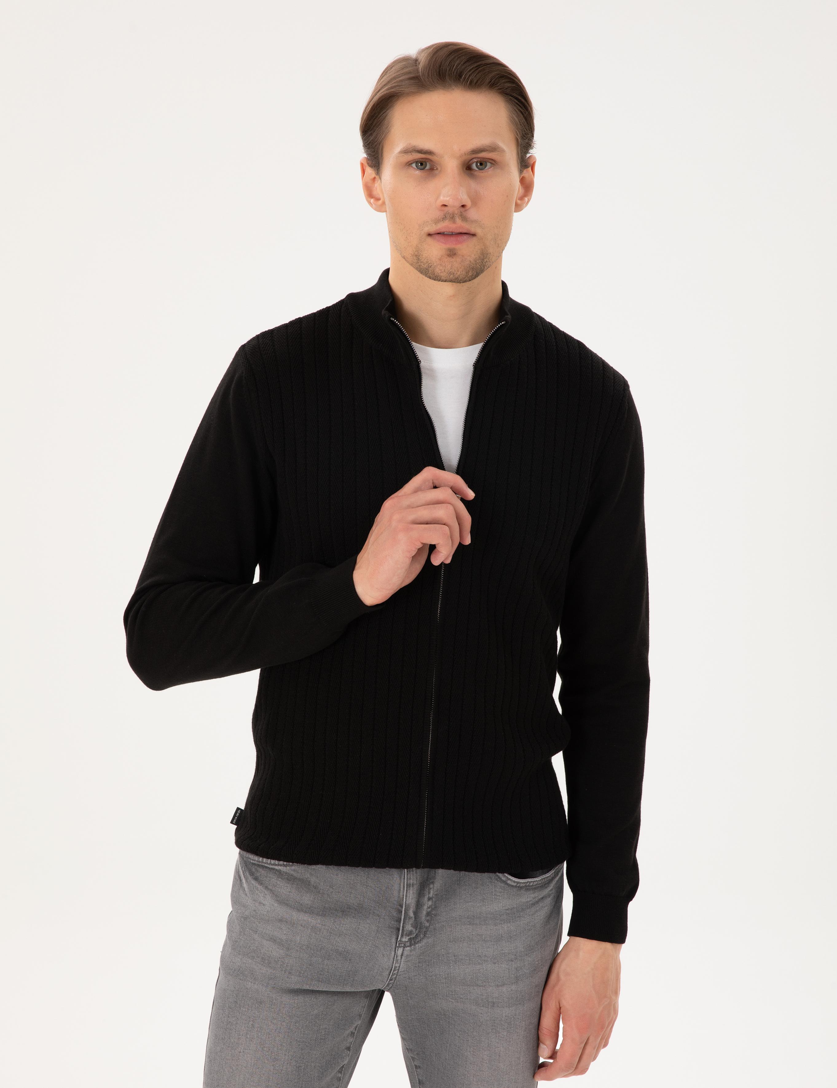 Siyah Slim Fit Fermuarlı Triko Hırka