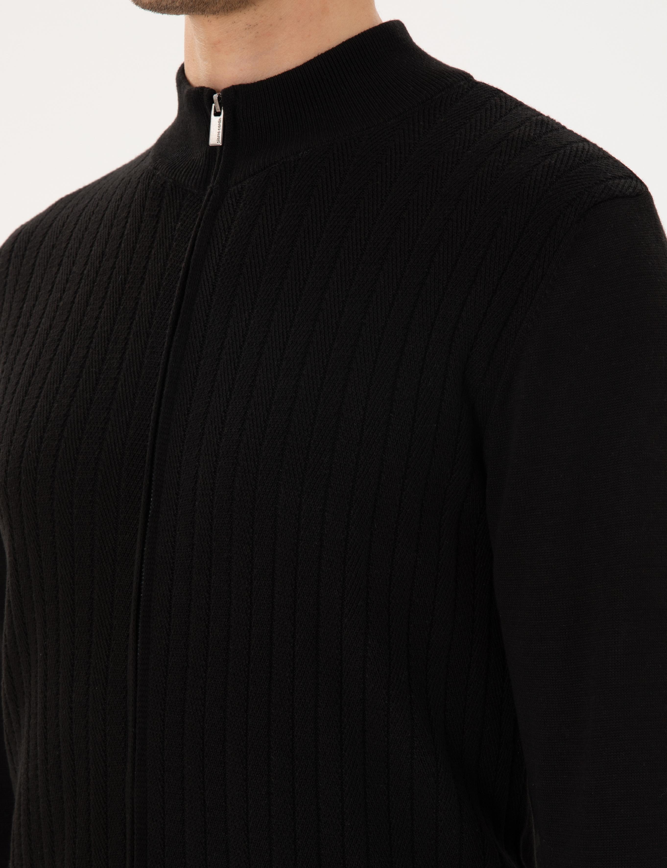 Siyah Slim Fit Fermuarlı Triko Hırka