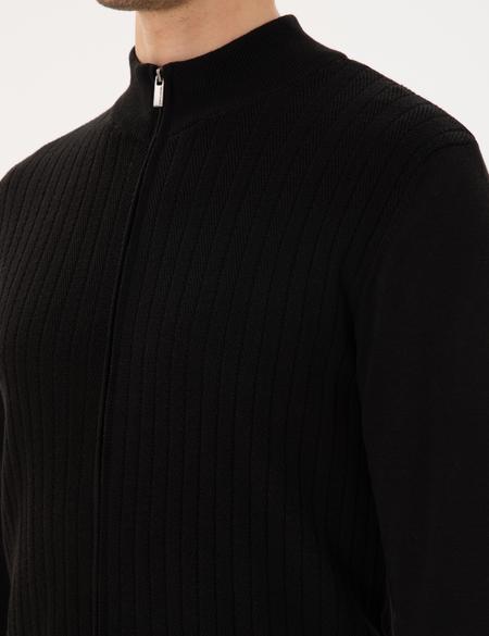 Siyah Slim Fit Fermuarlı Triko Hırka - 50300508009