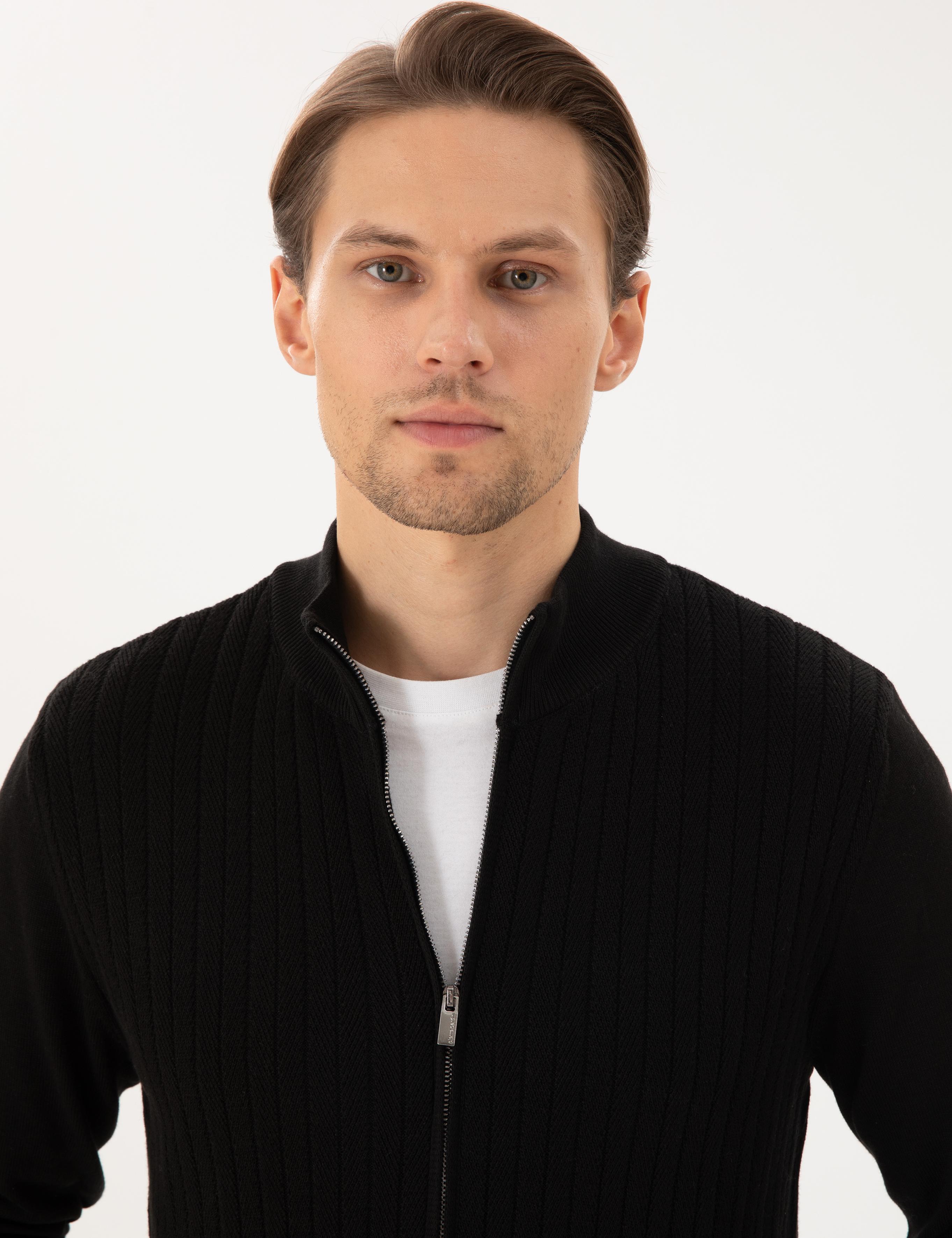 Siyah Slim Fit Fermuarlı Triko Hırka