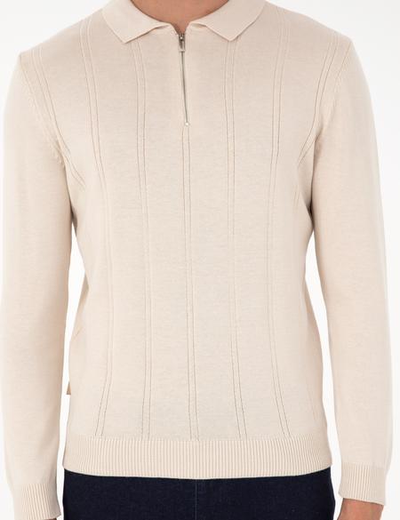 Bej Slim Fit Fermuarlı Polo Yaka Triko Kazak - 50300505003