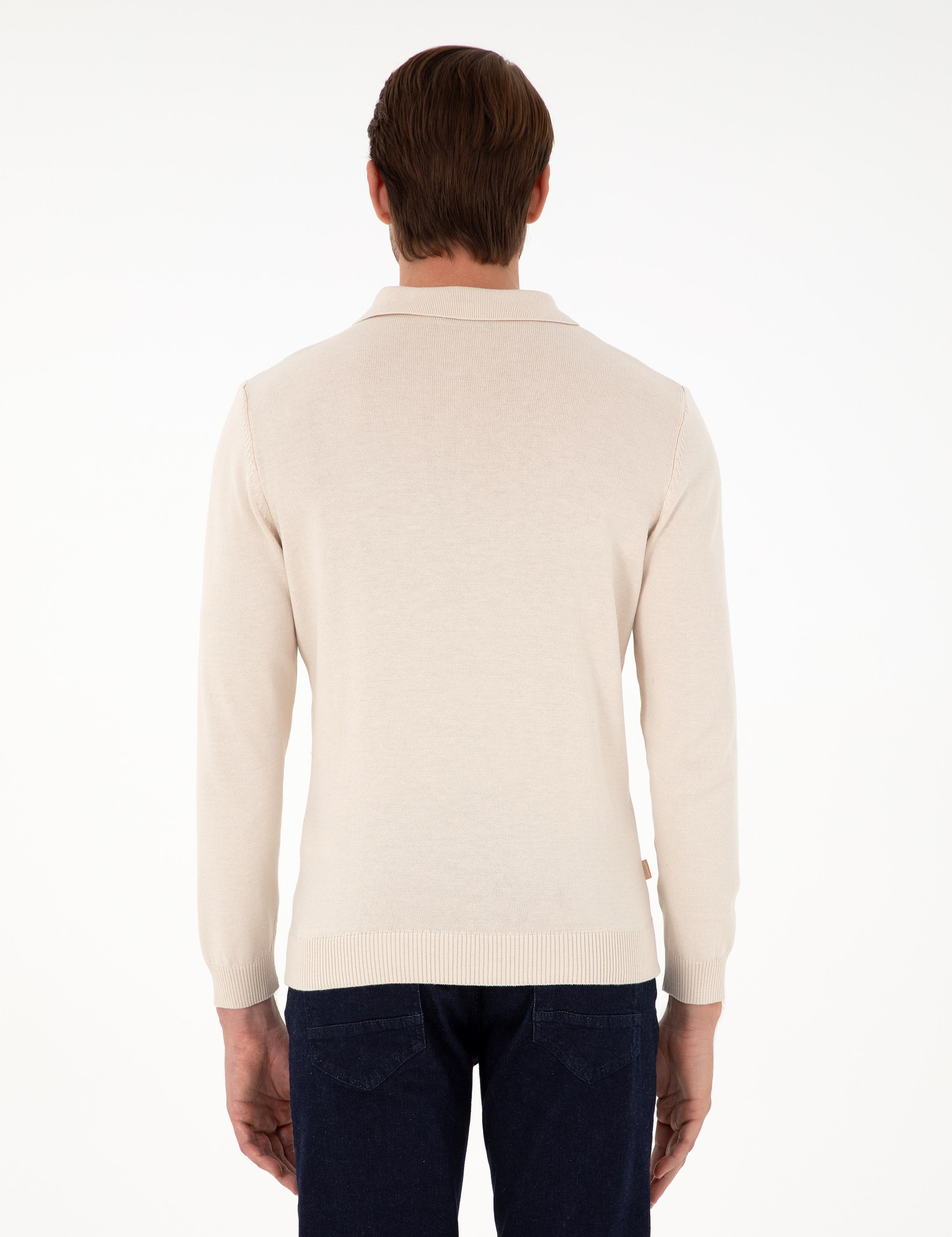 Bej Slim Fit Fermuarlı Polo Yaka Triko Kazak